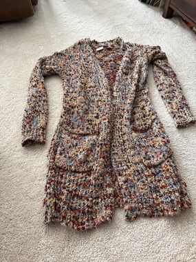 Daytrip Multicolor Open-Front Knit Cardigan in Rust, Cream & Gray